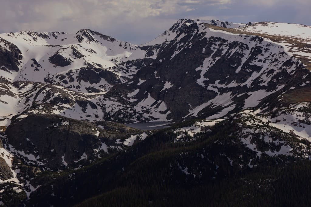 Snow-capped alpine mountains above a forested valley